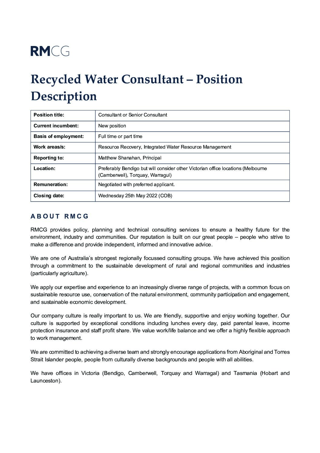 Recycled Water Consultant – Bendigo, Melbourne (Camberwell), Torquay or Warragul – Closes Wednesday, 25 May 2022.