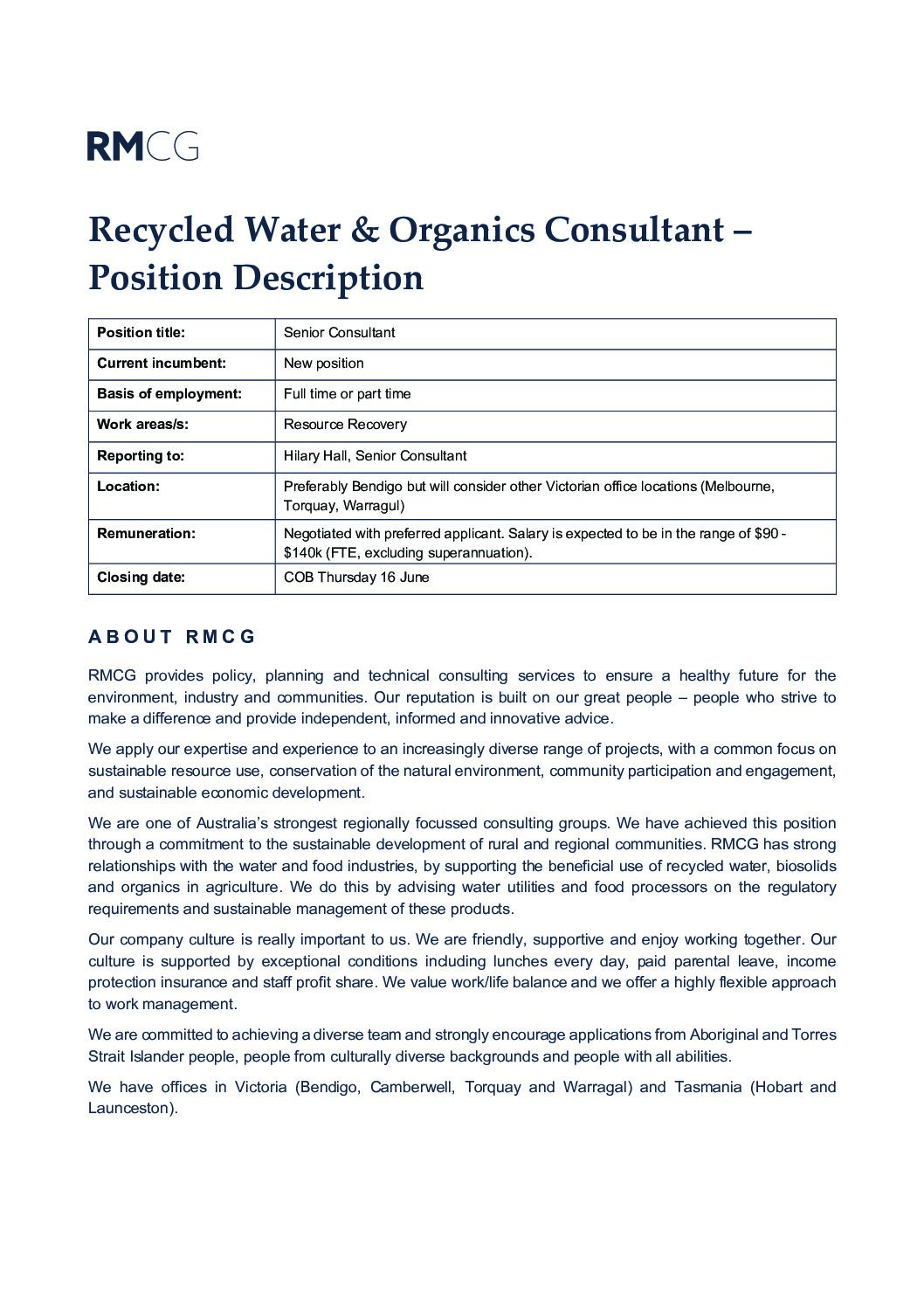 PD for Recycled Water & Organics Consultant