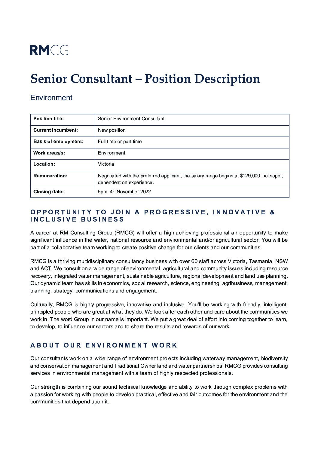 Snr Consultant – Enviroment PD October 2022